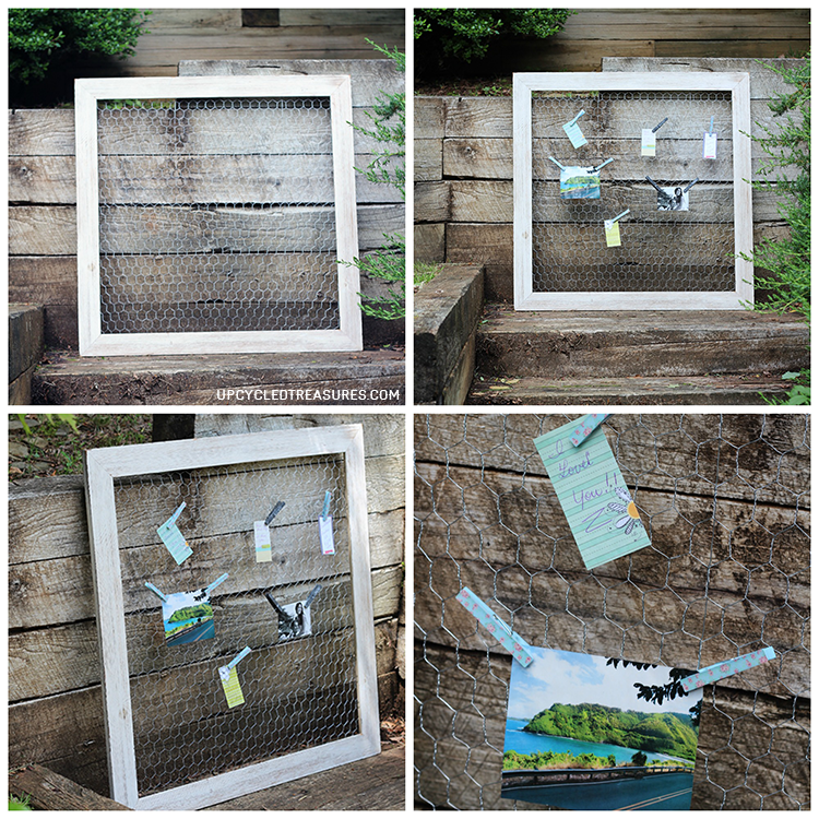 Looking for a creative way to display photos? Check out how easy it is to make this DIY Chicken Wire Photo Frame! UpcycledTreasures.com