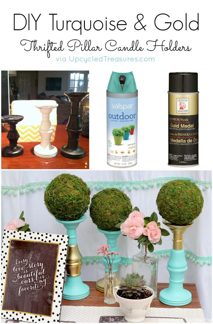 Want to update an old candle holder? See how easy it is to create these Turquoise and Gold Pillar Candle Holders! MountainModernLife.com
