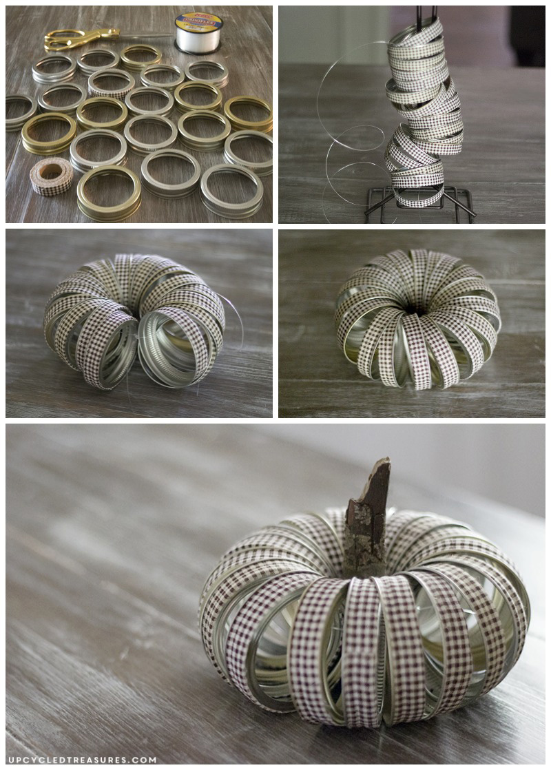See how easy it is to create this rustic fall mason Jar lid pumpkin using canning lids, fabric tape, fishing line and a stick!