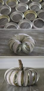 See how easy it is to create this rustic fall Mason Jar lid pumpkin using canning lids, fabric tape, fishing line and a stick!