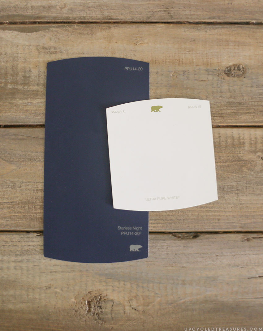 Behr paint color swatches showing the Starless Night dark blue color along with the Ultra Pure White. MountainModernLife.com