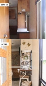 We've been talking about adding a wall-mounted desk in the bedroom of our RV for quite a while now, and decided to keep this project as easy as possible because my brain needed a bit of a break, haha. If you're looking for a creative space saving solution that doesn't require much time, I think you'll love how easy this project is! We have used Minwax® products in several projects throughout our home and RV so I was excited to team up with them for this project. It was fun to use products I had never tried before, and I hope you will find this post helpful and inspiring for your next project! Last month we made a trip up to North Carolina and picked up some reclaimed wood from our friend Steve, the owner of the cabin wedding venue we were married at. We wanted to add some character to the RV and knew that using reclaimed wood was definitely going to do that for us. Of course we have to be really careful about the weight we add to the RV which means we have to be selective about where we add wood. For the most part, we've been sticking to lighter wood like cedar and pine, but felt this was the perfect opportunity to use some of our reclaimed oak wood. Seriously, how freakin' pretty is this wood? I just love those saw marks! We previously removed a nightstand from the bedroom knowing that we would replace it with a wall-mounted desk, which you can catch a glimpse of in the photo below: I don't know about you, but I'm all about furniture that can be hidden or folded down to create more space when not in use, like the pull out table we made for the living room. DIY Reclaimed Wall-Mounted Desk The first thing we did was measure the space where our wall-mounted desk was going to be installed, and then cut our wood down to size. The plan was to attach two separate pieces to create a top with more depth. If you're using reclaimed wood for a project I think one of the most important steps is getting it all cleaned up. Our wood had been air dried so we used our steam cleaner to sanitize it. We then sanded it down, vacuumed it and wiped it down with mineral spirits. Not gonna lie, I was really indecisive about which direction to go for staining and sealing the wood. I wanted to keep the character, especially the saw marks so I didn't want anything too dark but I wanted to enhance the color and wood grain. I love how our rustic wall hangings turned out after I stained them with Minwax® Wood Finish Golden Oak, but as I said earlier I wanted to keep this project as easy as possible so I turned to Minwax® Polyshades® It's a stain and protective finish in one which means less work and time. Yup, sounded good to me! I have learned my lesson about taking chances on stain colors as the shades can vary greatly on different woods. For that reason I picked up a couple options to test on a scrap piece of wood before I made a decision. I tested American Chestnut and Classic Oak. The Chestnut was redder than I wanted but the Classic Oak was perfect! By the way, you can actually use Polyshades® to stain on top of existing finishes. So if you're looking to darken the color of an existing stain you may want to consider using it.  I went ahead and filled in the holes/knots in the wood with some Epoxy and after waiting 24 hours I sanded the wood down again before starting the staining process. We recently did this with our kitchen and bathroom countertops, and I love it so much better than just filling in the knots or gaps with wood filler. As for the Polyshades®, I did notice that it was a much thicker consistency than stains without the polyurethane mixed in, so I stirred it a little longer than usual. I then stained the reclaimed oak wood using a natural bristle brush which worked well, although I did read that some people prefer to use a sock, so that may be something for you to consider. I love how the wood came to life and the character was enhanced by the color of the stain and protected by the poly. The wood looked so pretty after one coat that I thought I would leave it at that, but then randomly decided to create a mixture of half Polyshades® Classic Oak and half Polyshades® American Chestnut (I just mixed them together in a mason jar). Once the stain was dry (we waited 24 hours), we used our Kreg Jig to attach the two boards to one another. We also added some wood glue in between the boards and made sure to wipe off any excess. Once our two boards were stained, sealed and attached to one another our wall-mounted desk was basically done. All that was left was to attach it to to wall using these brackets, which was probably the most difficult part since we are installing this inside our RV. The area of the RV that the brackets are being installed is where a cabinet previously was. We had removed it a while back with plans of adding this desk in it's place. For that reason, we knew that screws had previously been in the wall, and figured we could use some of those holes for these brackets. Of course it didn't work out as smoothly as we had hoped and the holes didn't line up exactly where we needed them. After a bit of maneuvering we got the brackets installed and secured to the wall. If you're installing this at home it's a good idea to make sure at least one of the screws goes into a stud, or you may need to use anchors. And if you're installing something like this into a RV just be extra careful. It's probably best if you are installing it somewhere that you know can handle the weight or if you removed something else that was previously screwed into the wall. You may also want to check out this post about various RV wall fasteners. After we installed the brackets we felt the desk wasn't as secure as we wanted so we did a bit more research and then decided to add a piece of plywood behind the brackets. The piece of plywood was cut to size, painted, and then screwed into the wall. We then screwed the brackets directly into the plywood. It's amazing how much sturdier the desk is now.  And here is our new desk mounted to the wall inside the bedroom of our RV, woo-hoo! I love how it turned out and think this is going to be a great little nook to work on the laptop or craft it up. Not to mention it's exciting to think about the different views we will have from this window :) I especially love how warm and rich the color is and to think that we have wood in our home that's nearly 200 years old is also pretty awesome. So far we've pretty much kept the desk up, but this is what it looks like folded back down: Overall, we're super happy with how our wall-mounted desk turned out. Not only is it functional, but the wood brings so much character to our RV. Here's a before and after photo of our new desk area: After doing some research on using Polyshades® for wood projects, I came across a few tips that I wanted to pass along to help your next project go smoothly. Tips to keep in mind when using Polyshades®: Make sure the wood is sanded with 220 grit sandpaper and clean of dirt or dust Test the color on scrap wood or an inconspicuous area Use a natural bristle brush or a sock (make sure it's lint-free) to apply it May be easier to use on projects with less detail/curves Are you planning any space saving solutions in your home or RV? If so we would love to hear about it in the comments below! See how Minwax® can help you enrich the wood and create beautiful and meaningful pieces in your home. Learn How: Minwax.com/madewithlove