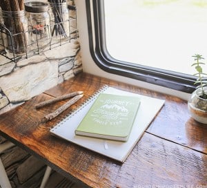 See how we added character and function to our RV by creating a wall-mounted desk from reclaimed wood. MountainModernLife.com