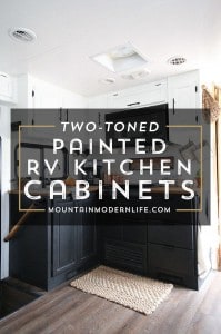 Planning to paint your tiny kitchen and considering using black? Check out these two-toned painted RV kitchen cabinets!