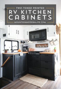 Planning to paint your tiny kitchen and considering using black? Check out these two-toned painted RV kitchen cabinets!