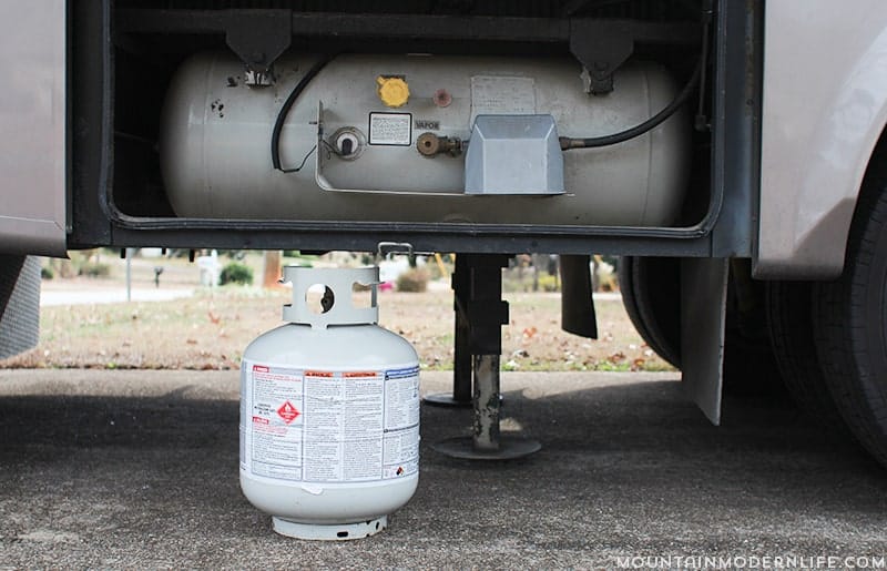 Tip two to RV during the winter smaller propane tank near onboard tank. MountainModernLife.com