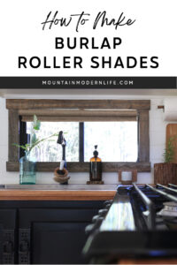 burlap window shade in RV kitchen