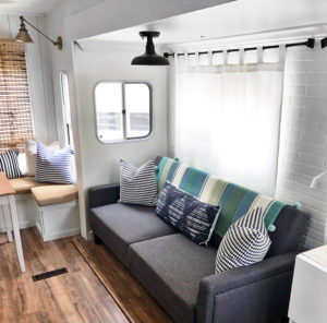 Camper Tour: See how @RVFixerUpper transforms drab 5th wheels into stylish tiny homes! MountainModernLife.com #rvrenovation #campertour