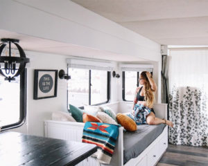 Tour this boho-inspired RV renovated for a family of 4 that's currently for sale! Photos from @CaitiJackson #campervibes #RVreno