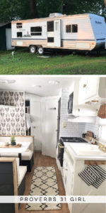 Tour this budget-friendly farmhouse camper that was transformed for $500 by Proverbs31Girl! Featured on MountainModernLife.com