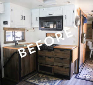 Considering adding black kitchen countertops to your home? Come see how we updated butcher block countertops for a rustic modern vibe in our RV. MountainModernLife.com