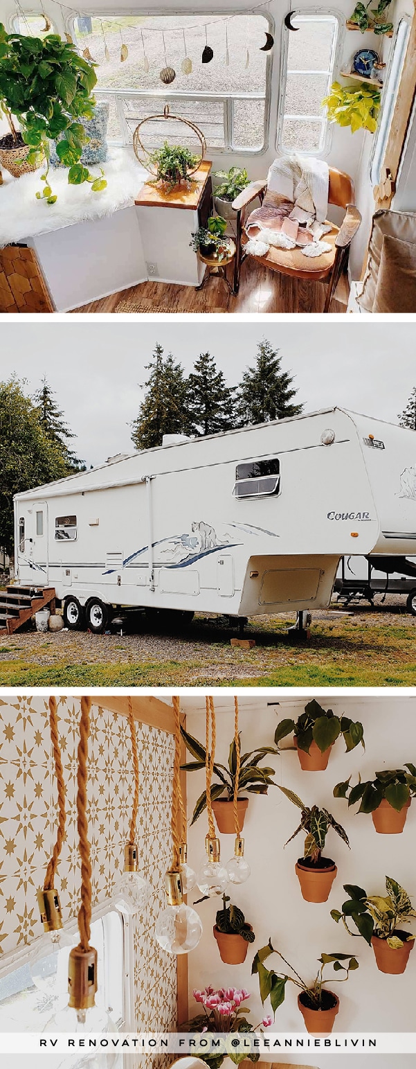 The interior of this bohemian 5th wheel is a botanical wonderland! Featuring @leeannieblivin on mountainmodernlife.com