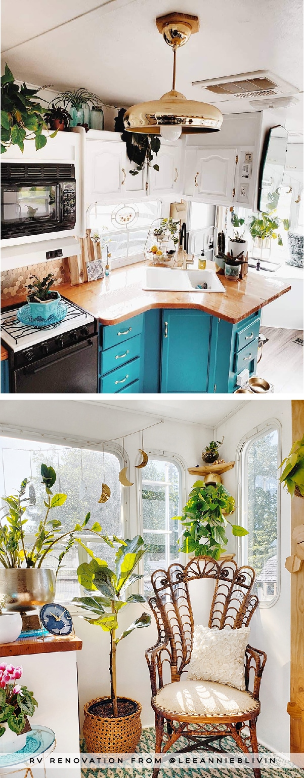 The interior of this bohemian 5th wheel is a botanical wonderland! Featuring @leeannieblivin on mountainmodernlife.com