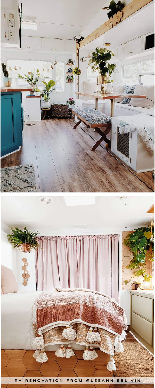 The interior of this bohemian 5th wheel is a botanical wonderland! Featuring @leeannieblivin on mountainmodernlife.com