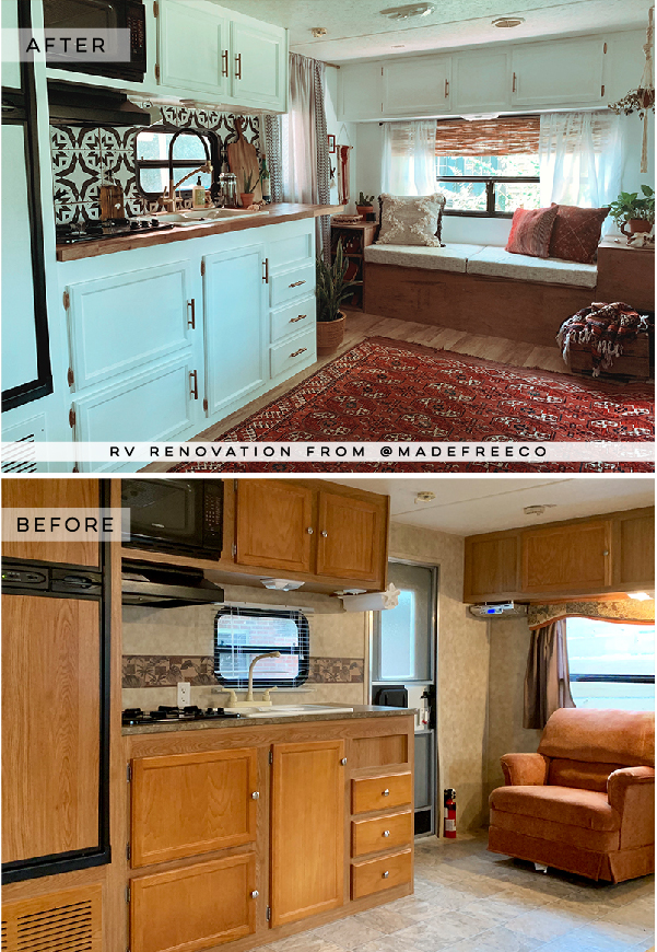 The muted earth tones in this eclectic camper will have you dreaming of the desert | Featuring @madefreeco on MountainModernLife.com