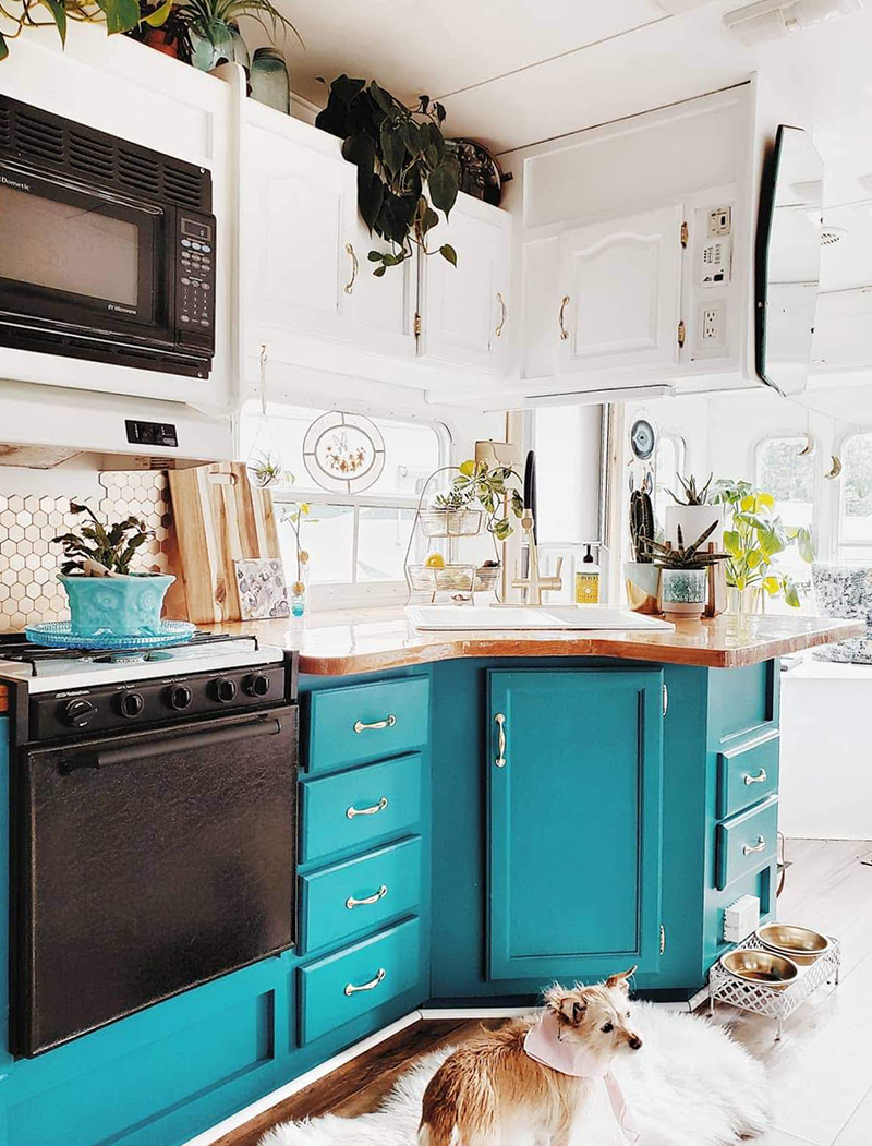 The interior of this bohemian 5th wheel is a botanical wonderland! Featuring @leeannieblivin on mountainmodernlife.com