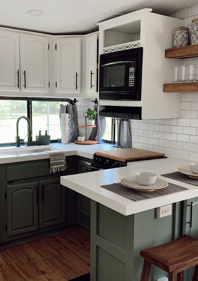 5th Wheel Kitchen remodel with green cabinets 