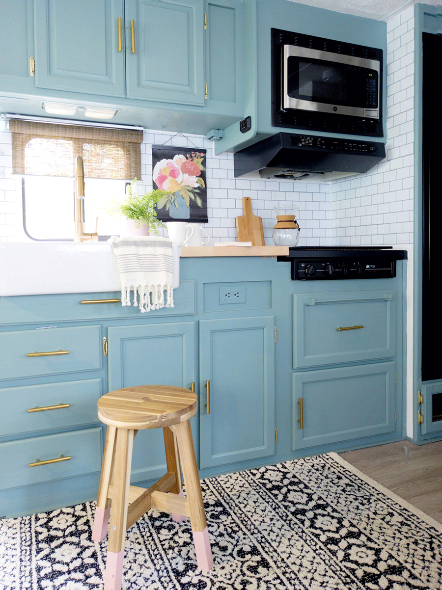 Renovated RV Kitchen with farmhouse sink