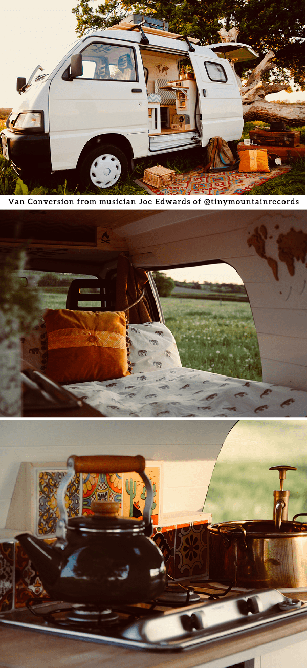 A musician converted this micro van into a cozy camper so he and his wife could spend their free time traveling around Europe