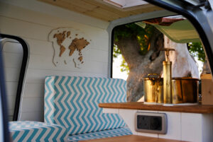 wood map inside camper van
