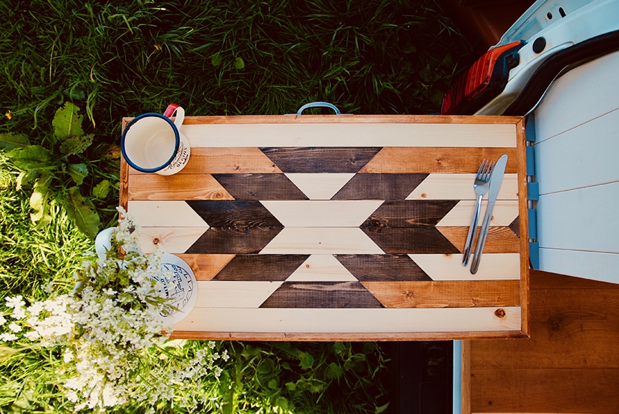 rustic DIY table built for camper van