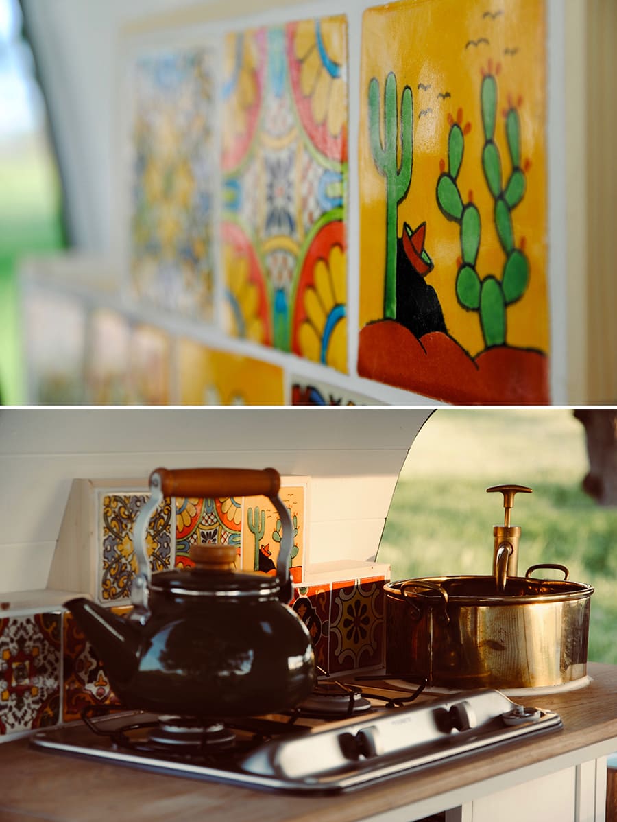 camper van kitchen with Mexican tiles
