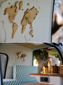 wood map inside converted van