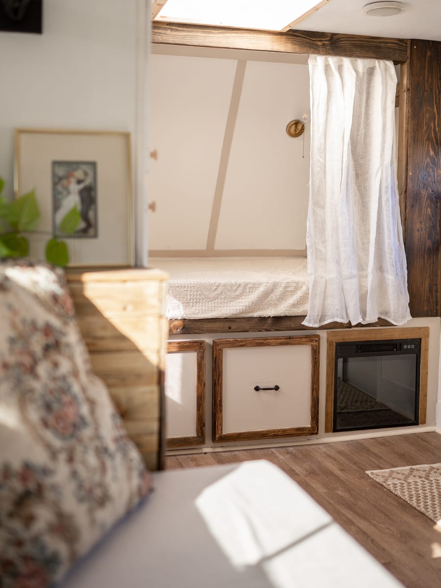 camper renovation with fireplace