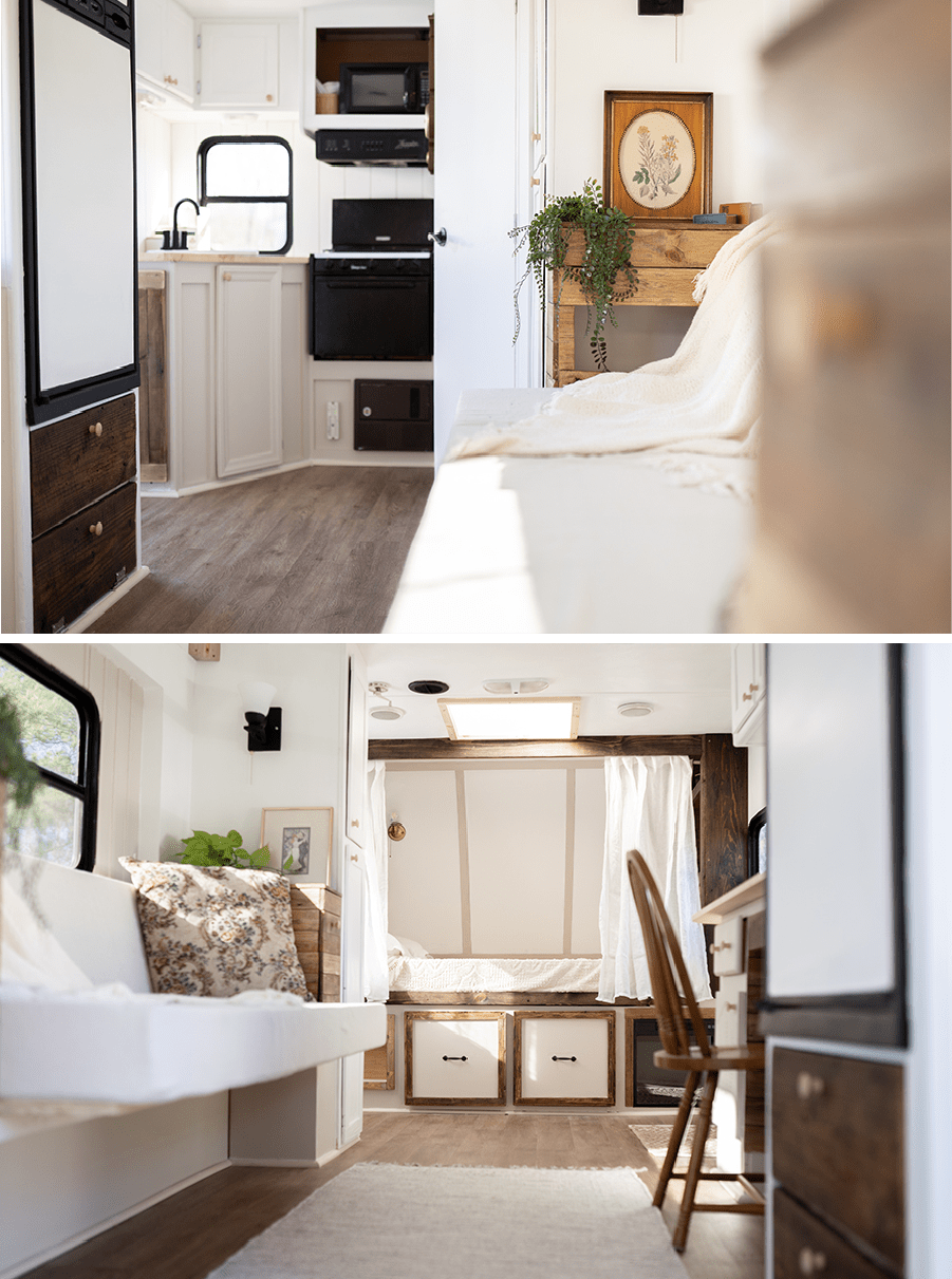 This vintage-country camper renovation has the coziest bed nook