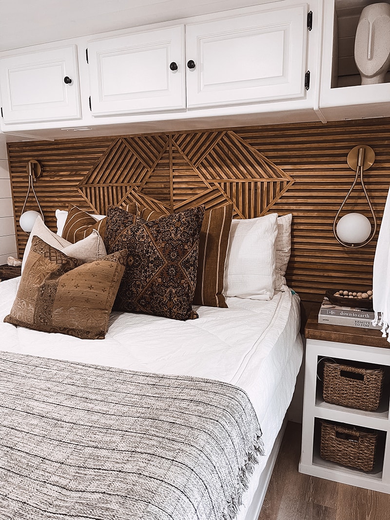 custom wood headboard in RV
