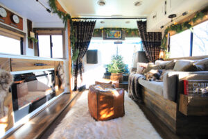 RV living room decorated for Christmas