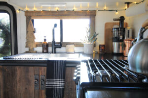 rustic RV kitchen decorated for Christmas