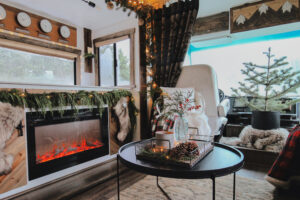 RV living room decorated for Christmas