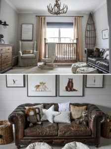 rustic woodland nursery with antler chandelier